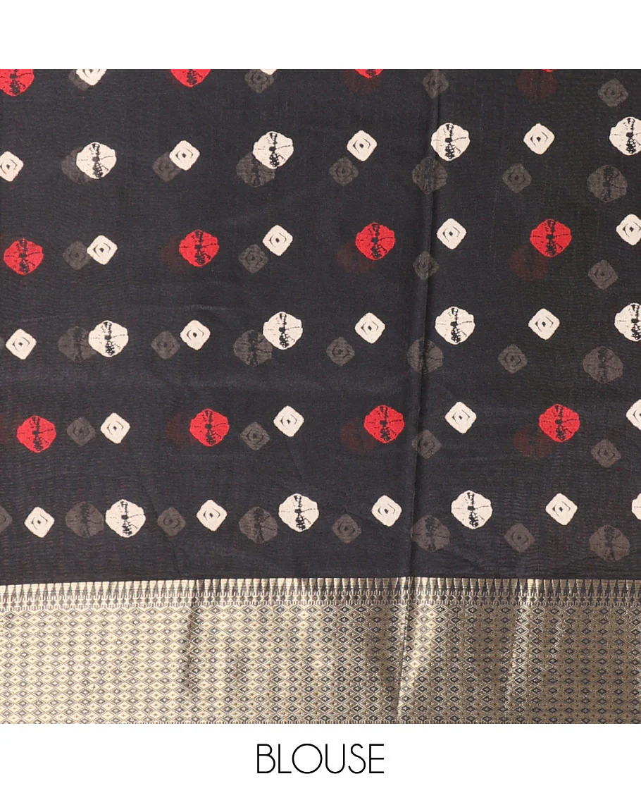Black shibori printed dola silk saree, traditional zari border, printed pallu, and blouse of print, and zari work - Image 4