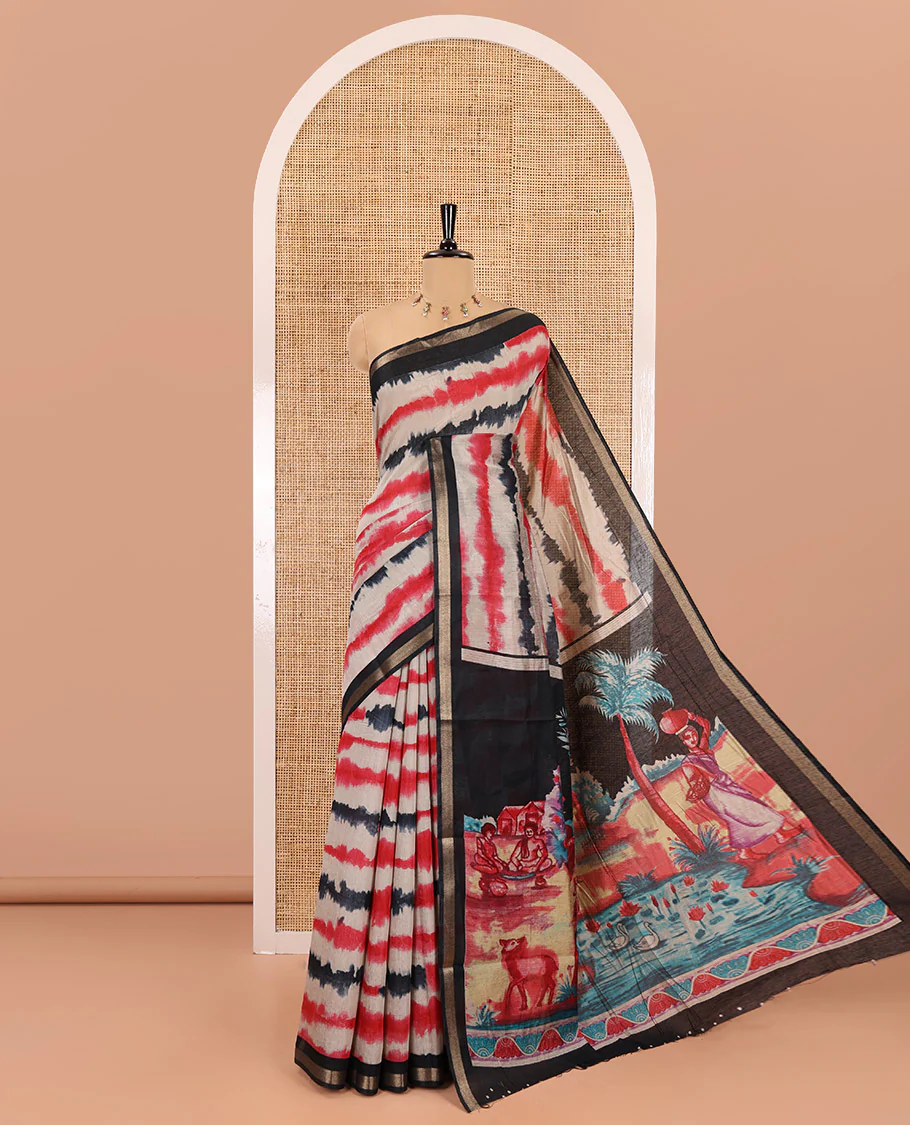 Black shibori printed muslin cotton saree, contrast zari border, village theme printed pallu, and a contrast dots printed blouse