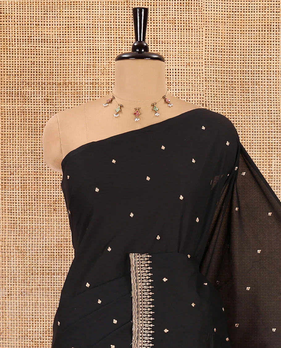 Black small motifs thread embroidered South cotton saree, thread embroidered border, thread embroidered pallu, and a plain matching blouse - Image 2
