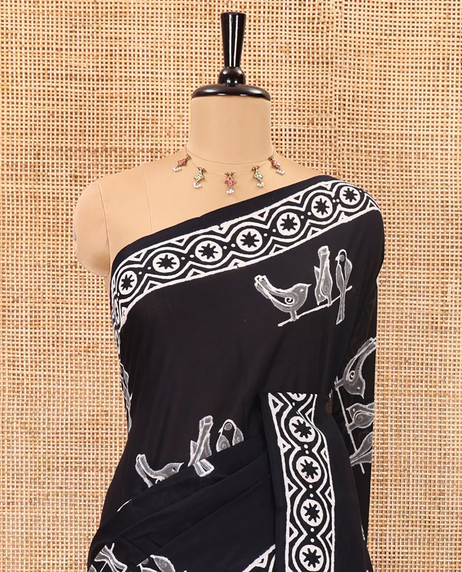 Black sparrow motifs hand block printed soft mul cotton, block printed border, pallu of floral-geometric print, and a hand block printed blouse - Image 3