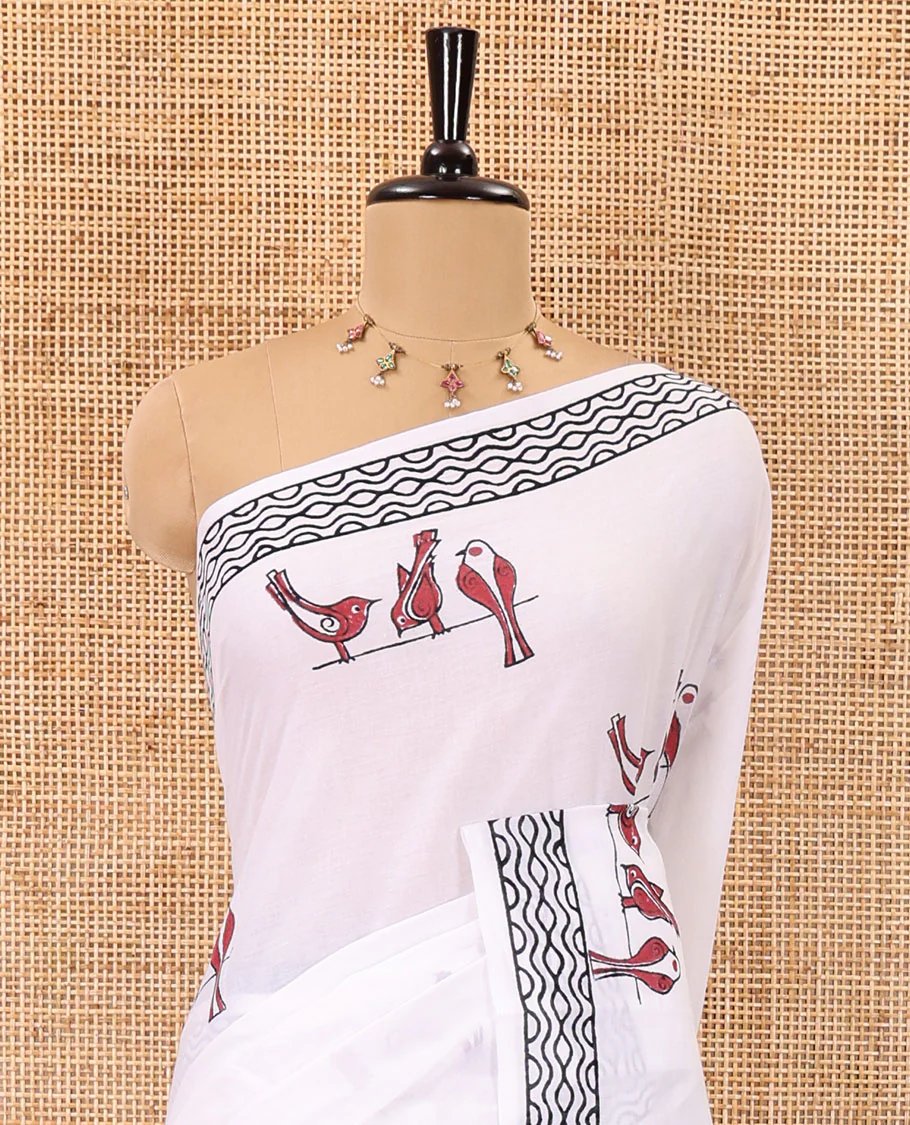 White sparrow motifs hand block printed soft mul cotton, block printed geometric border, intricate motifs printed pallu, and a contrast plain blouse - Image 3