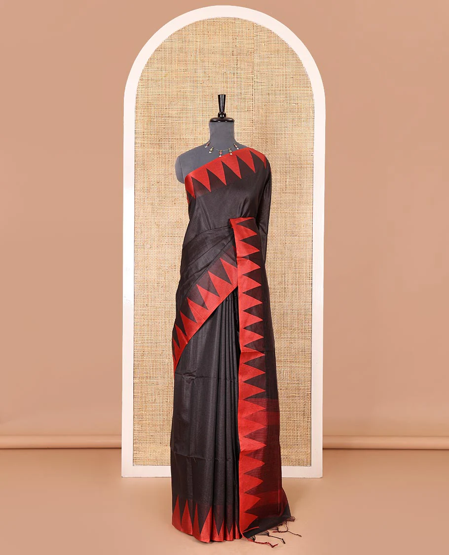Black sparsely striped semi-tussar saree, contrast temple red border, striped pallu, and contrast blouse - Image 2
