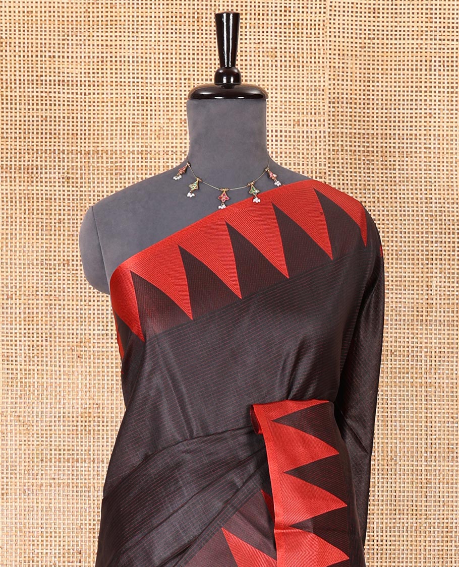 Black sparsely striped semi-tussar saree, contrast temple red border, striped pallu, and contrast blouse - Image 3