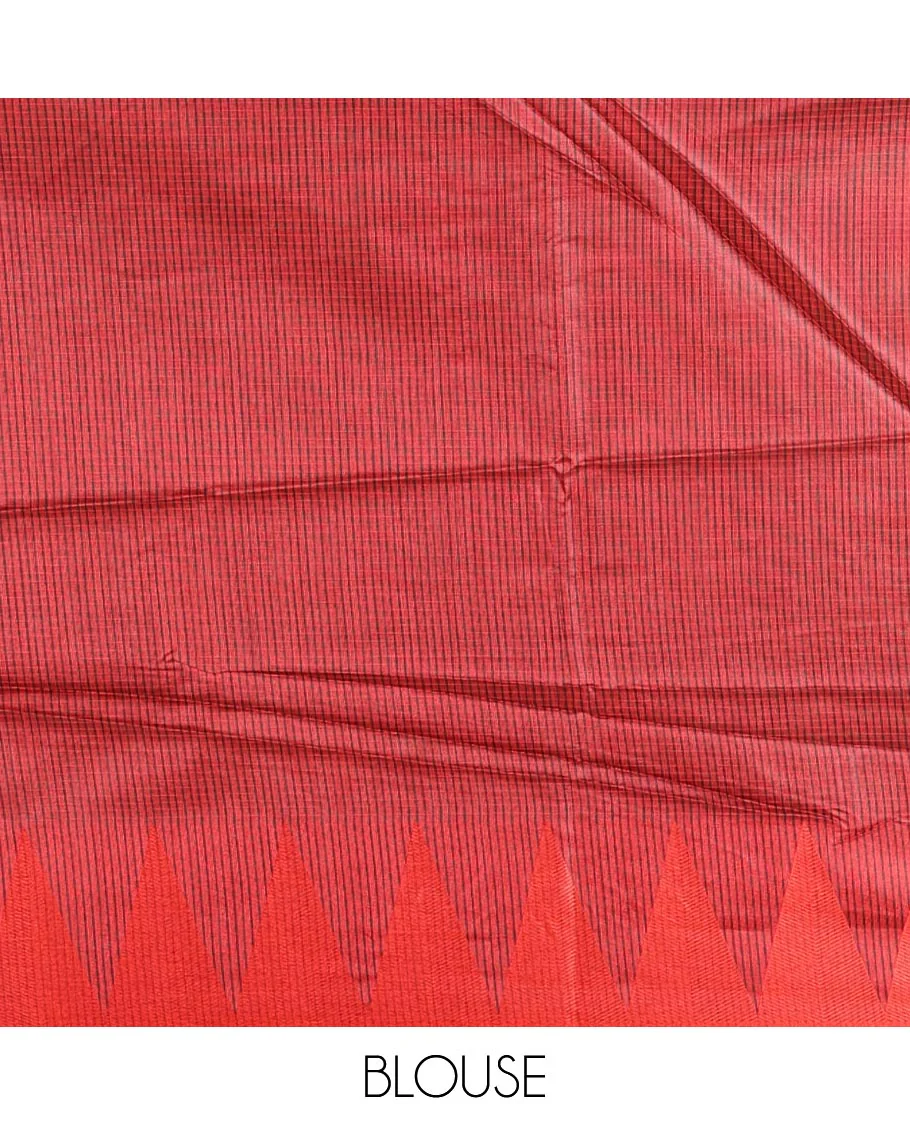 Black sparsely striped semi-tussar saree, contrast temple red border, striped pallu, and contrast blouse - Image 4