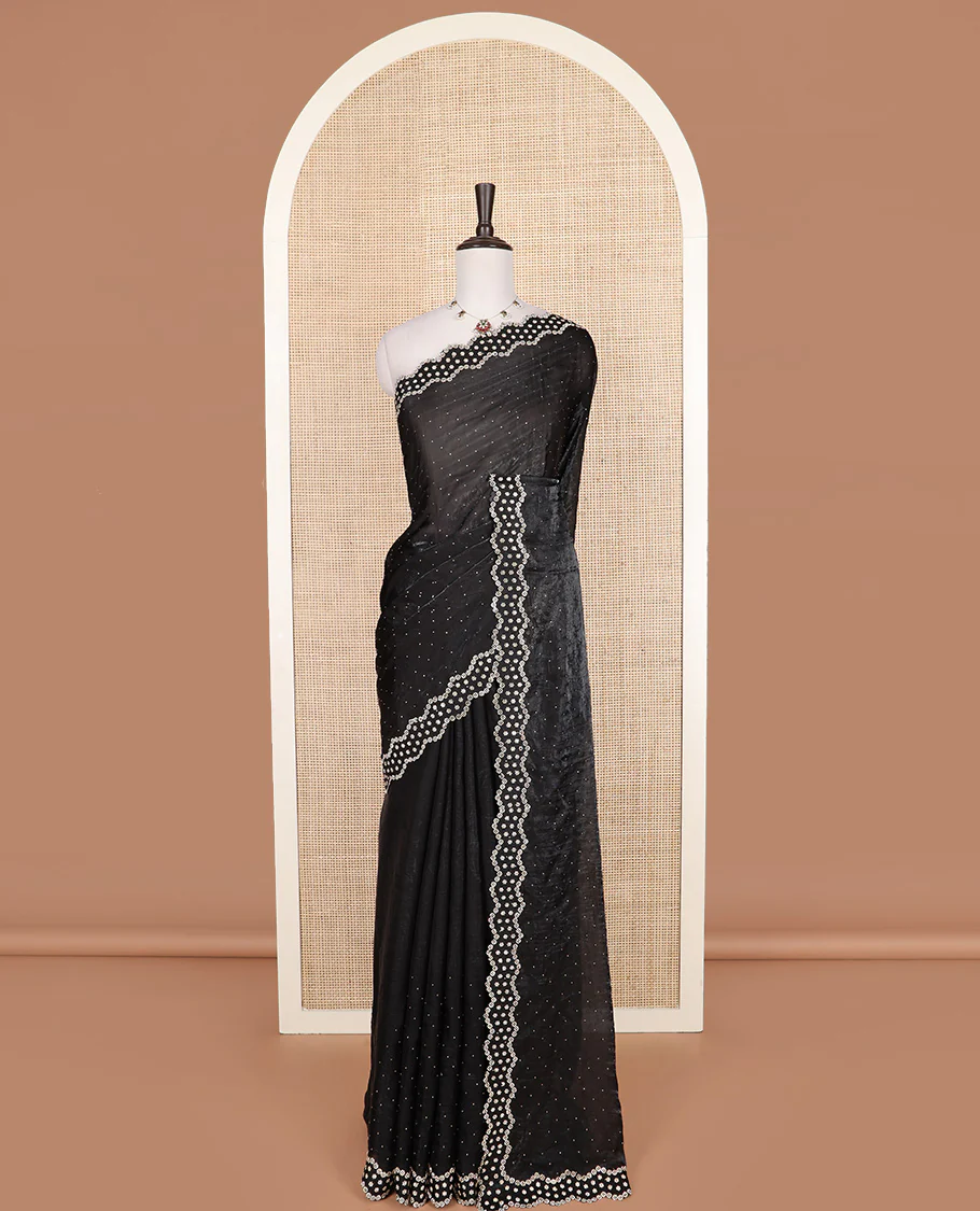 Black stone work designer saree, scallop floral motifs micro stone work border - Image 2