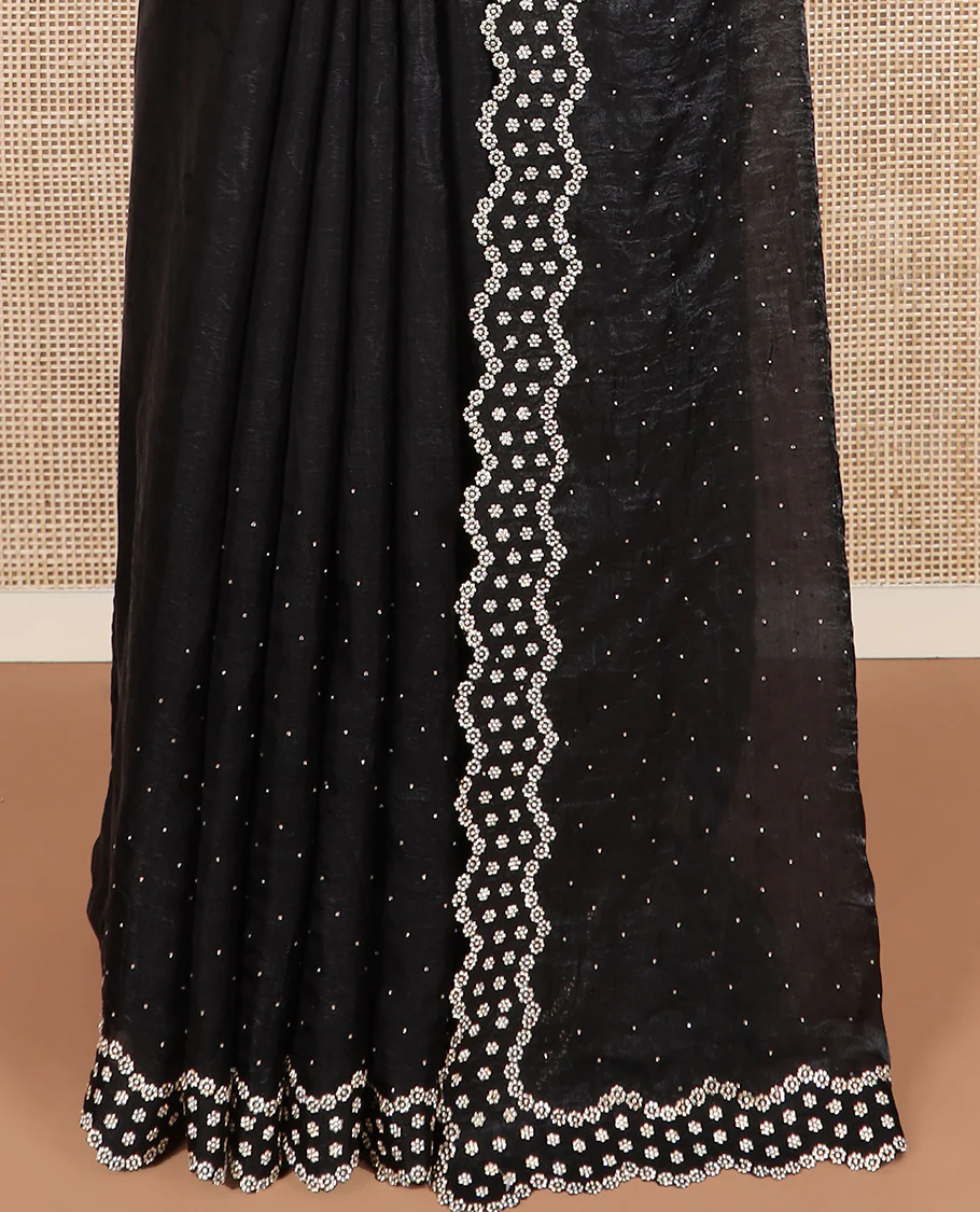 Black stone work designer saree, scallop floral motifs micro stone work border - Image 4