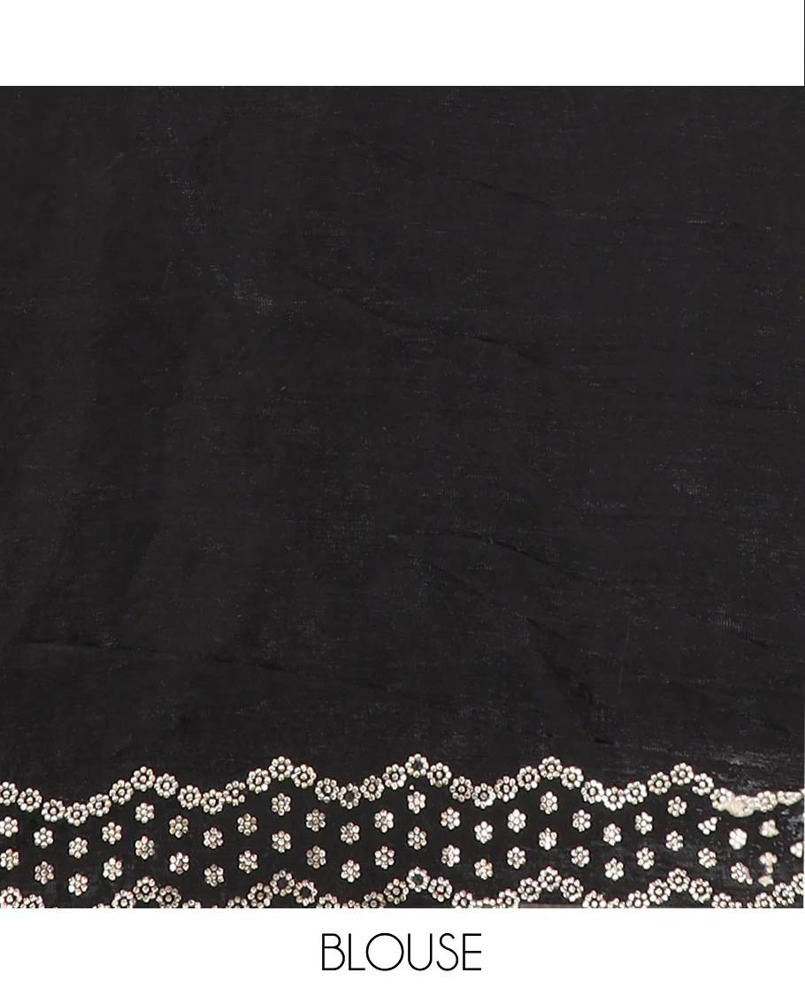 Black stone work designer saree, scallop floral motifs micro stone work border - Image 5