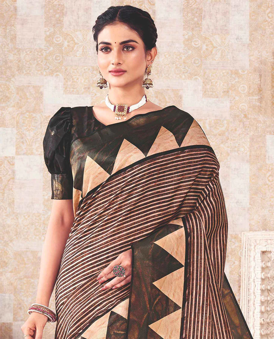 Black striped saree, vidarbha border & pallu of abstract designs - Image 2