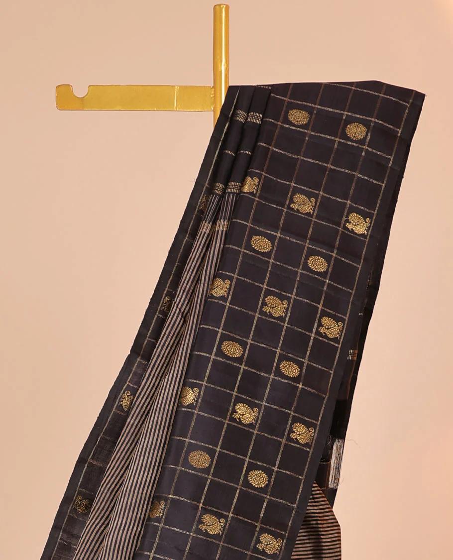 Black striped silk saree, zari checked border of mayil chakram & zari-rich pallu of seppu rekku - Image 3