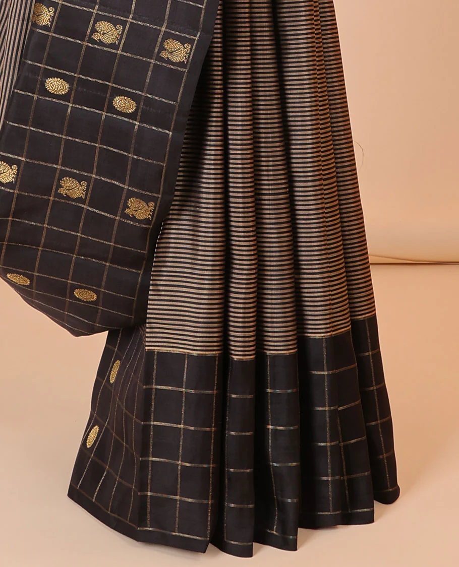 Black striped silk saree, zari checked border of mayil chakram & zari-rich pallu of seppu rekku - Image 4