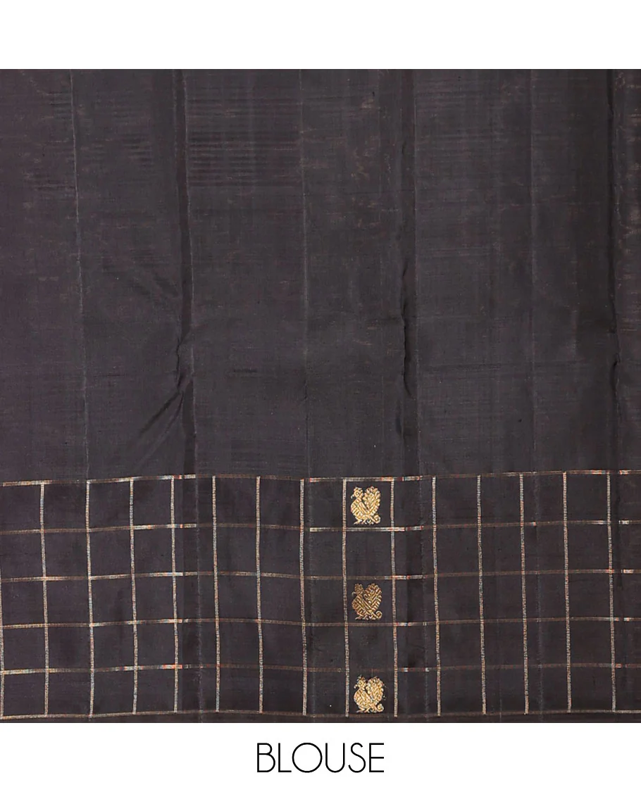 Black striped silk saree, zari checked border of mayil chakram & zari-rich pallu of seppu rekku - Image 5