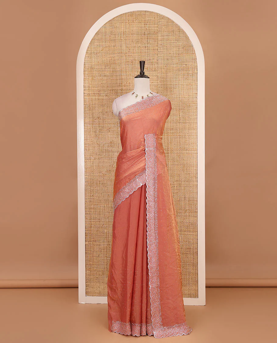 Onion Pink Swarovski crystal stone embedded fendy chiffon saree, scallop Swarovski stone embroidered border, and contrast plain blouse - Image 2