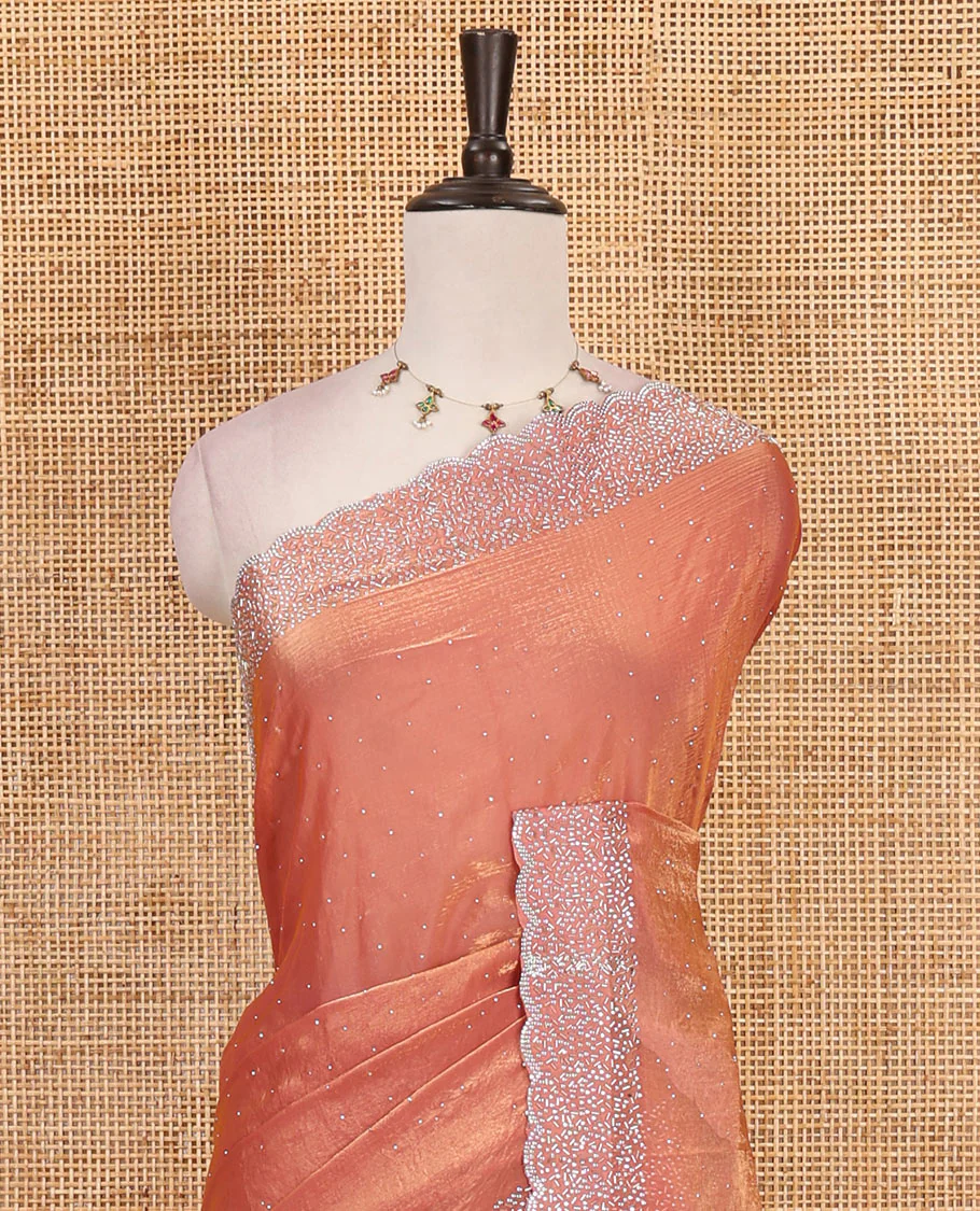 Onion Pink Swarovski crystal stone embedded fendy chiffon saree, scallop Swarovski stone embroidered border, and contrast plain blouse - Image 3