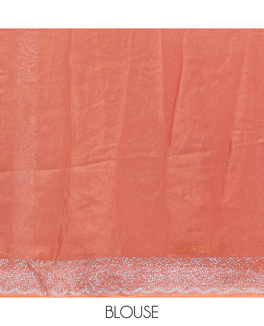 Onion Pink Swarovski crystal stone embedded fendy chiffon saree, scallop Swarovski stone embroidered border, and contrast plain blouse - Image 4