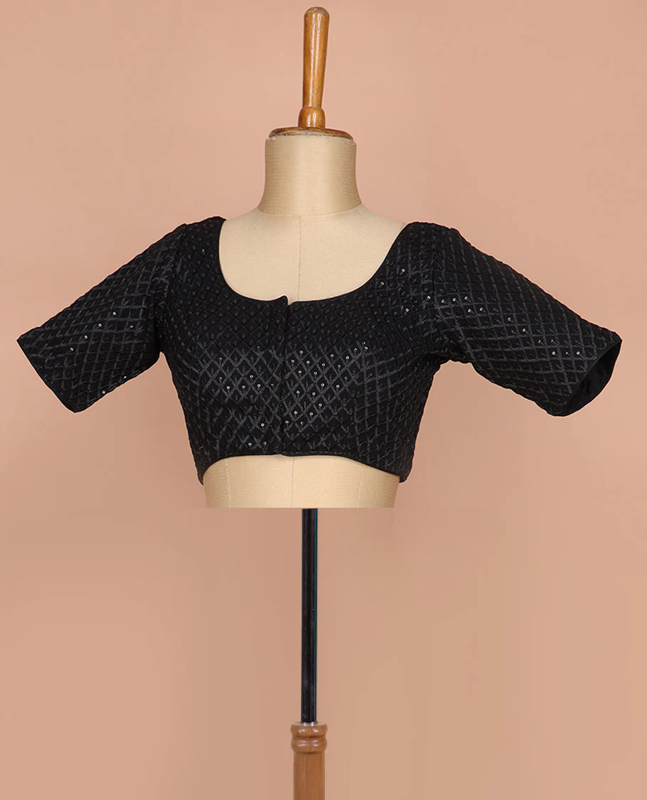 Black thread and sequins argyle design embroidered round neck elbow sleeve raw silk readymade blouse