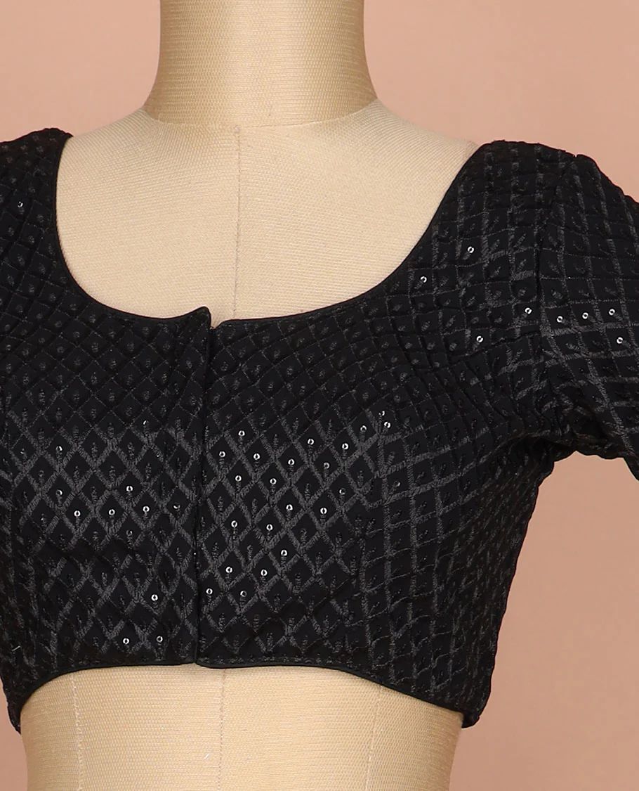 Black thread and sequins argyle design embroidered round neck elbow sleeve raw silk readymade blouse - Image 2