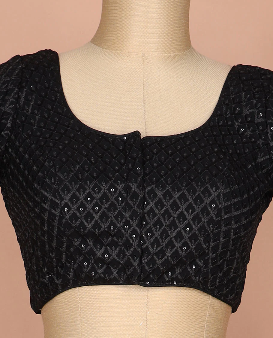 Black thread and sequins argyle design embroidered round neck elbow sleeve raw silk readymade blouse - Image 3