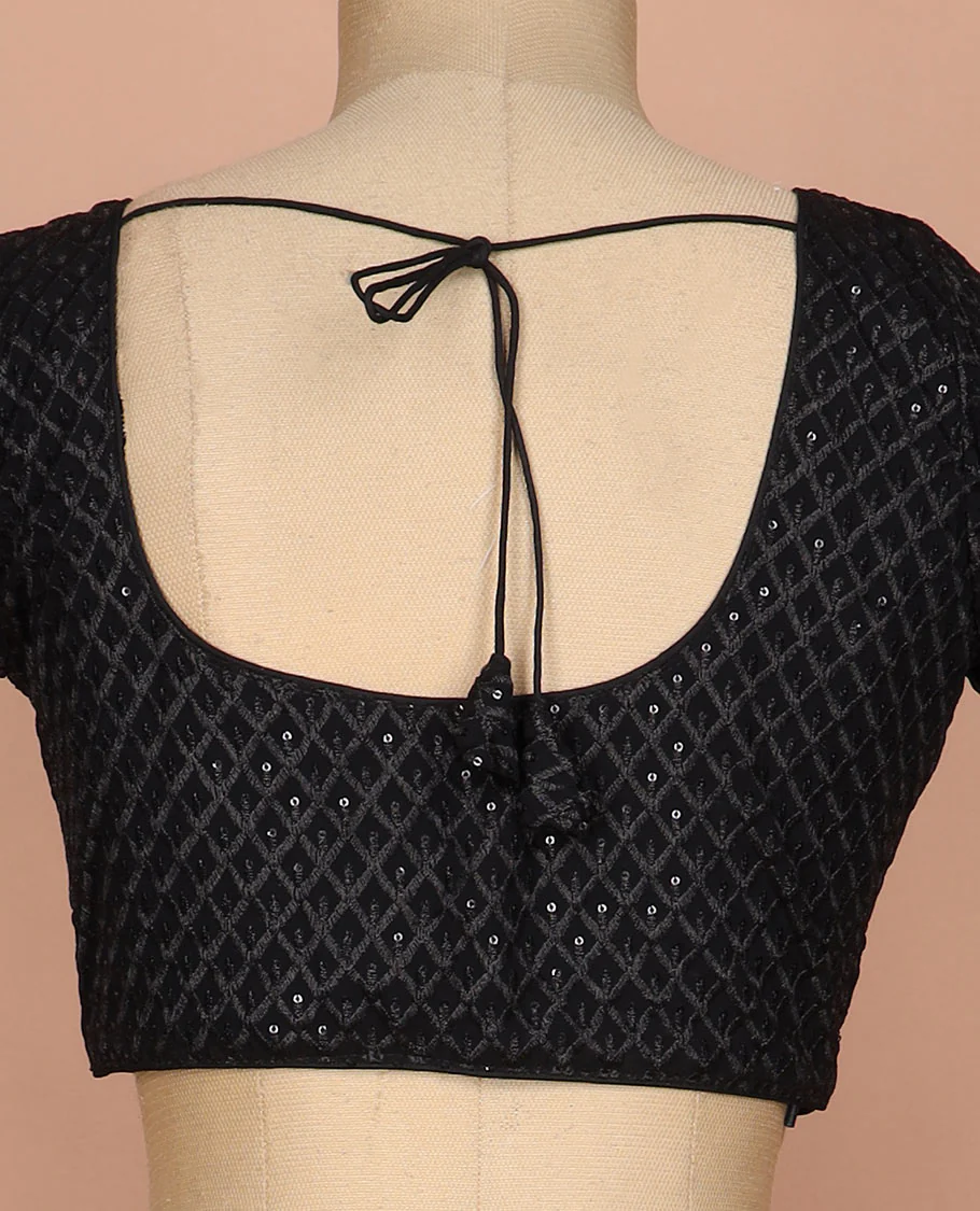 Black thread and sequins argyle design embroidered round neck elbow sleeve raw silk readymade blouse - Image 4
