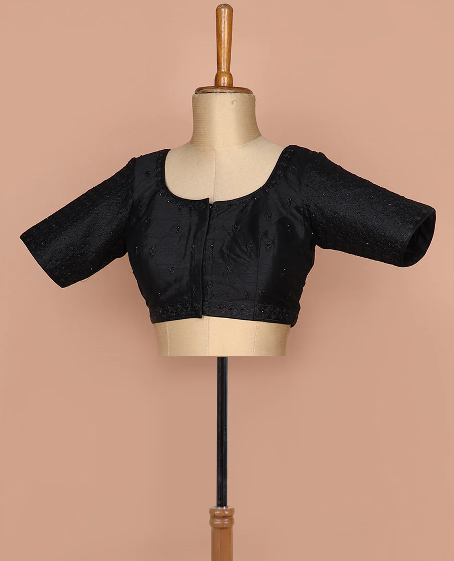 Black thread and sequins embroidered round neck elbow sleeve raw silk readymade blouse
