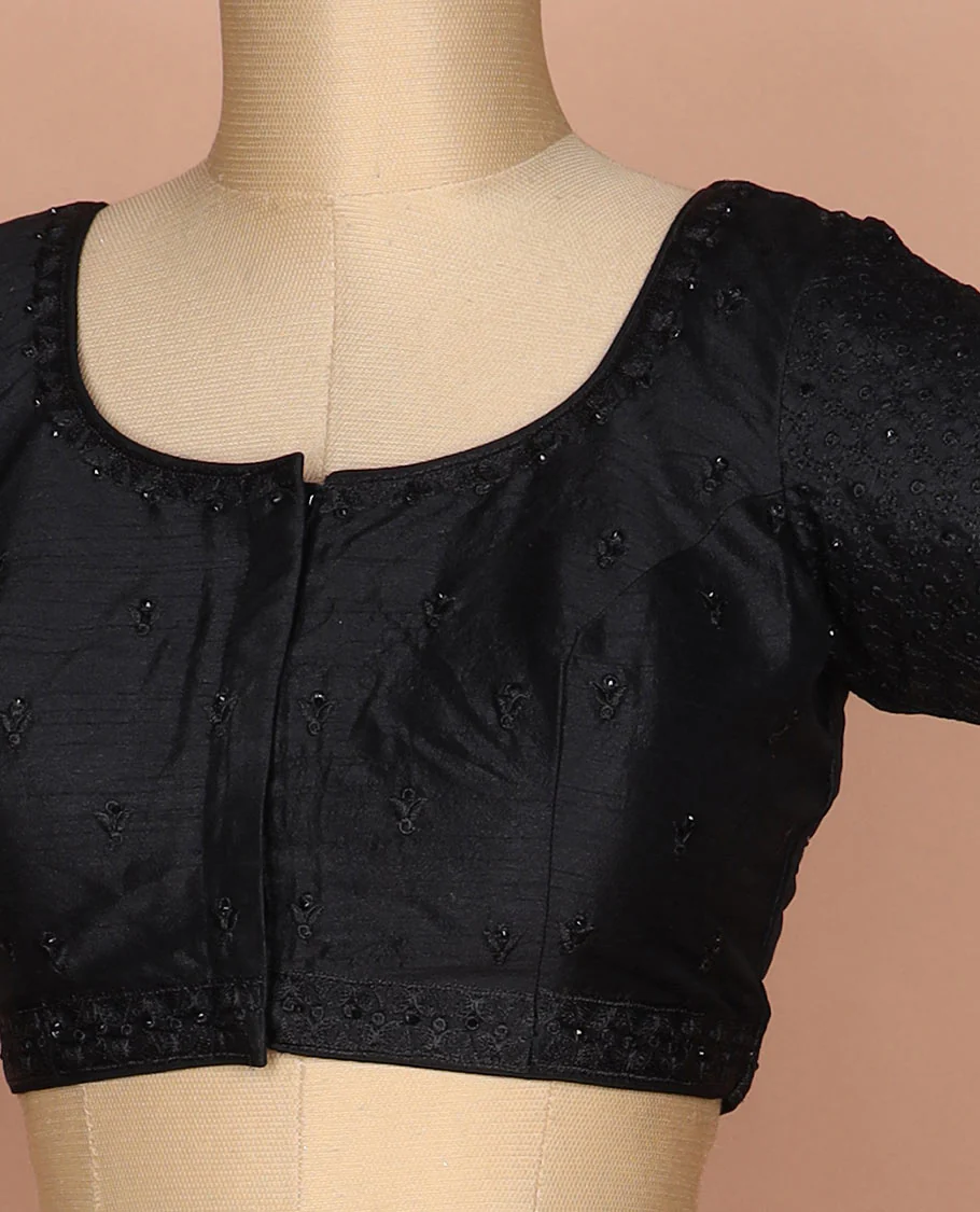 Black thread and sequins embroidered round neck elbow sleeve raw silk readymade blouse - Image 2