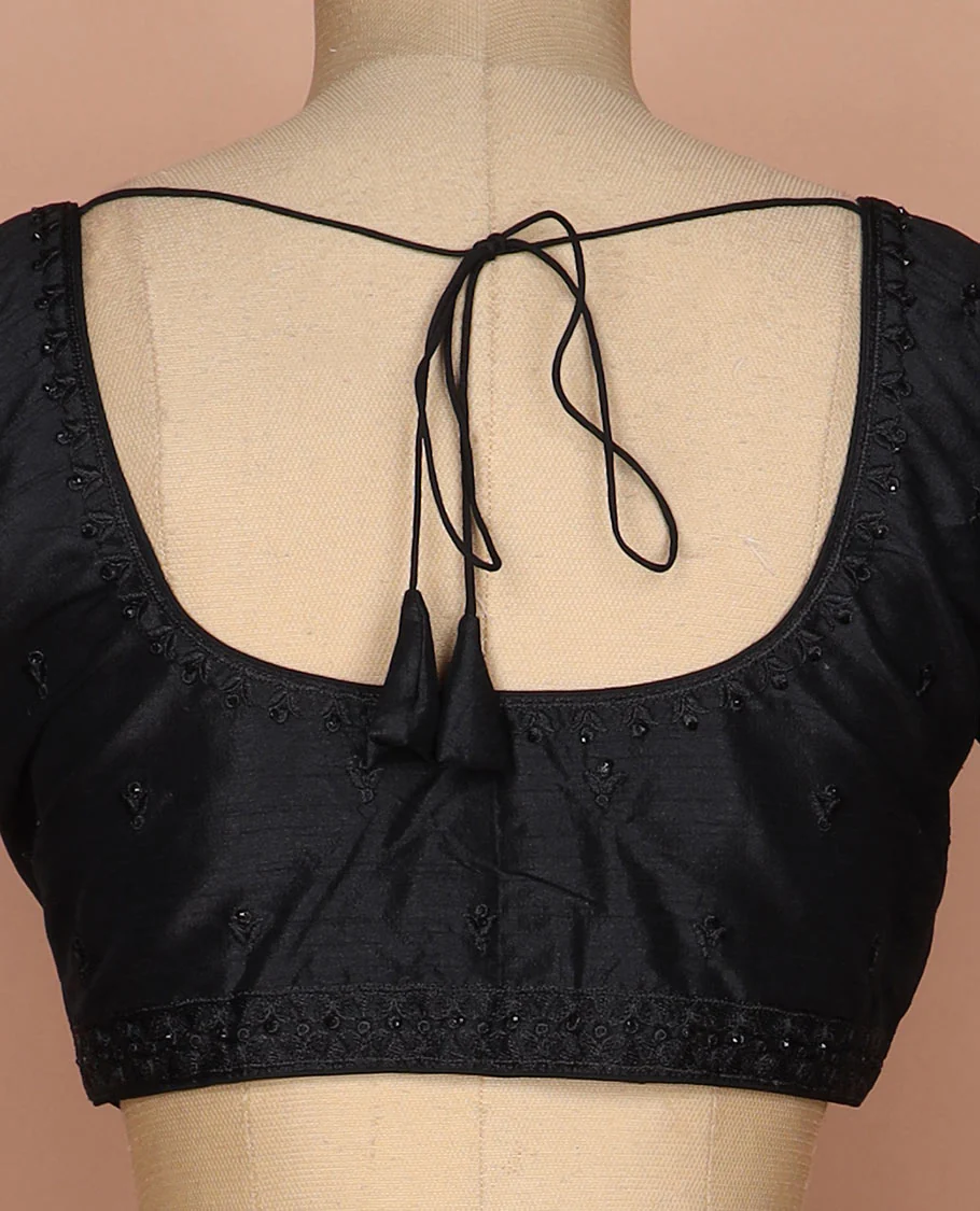 Black thread and sequins embroidered round neck elbow sleeve raw silk readymade blouse - Image 4