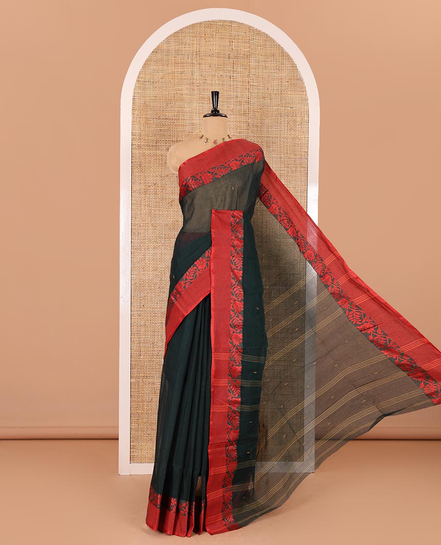 Black thread buttas Bengal cotton saree, contrast floral creeper border, and pallu of buttas and stripes