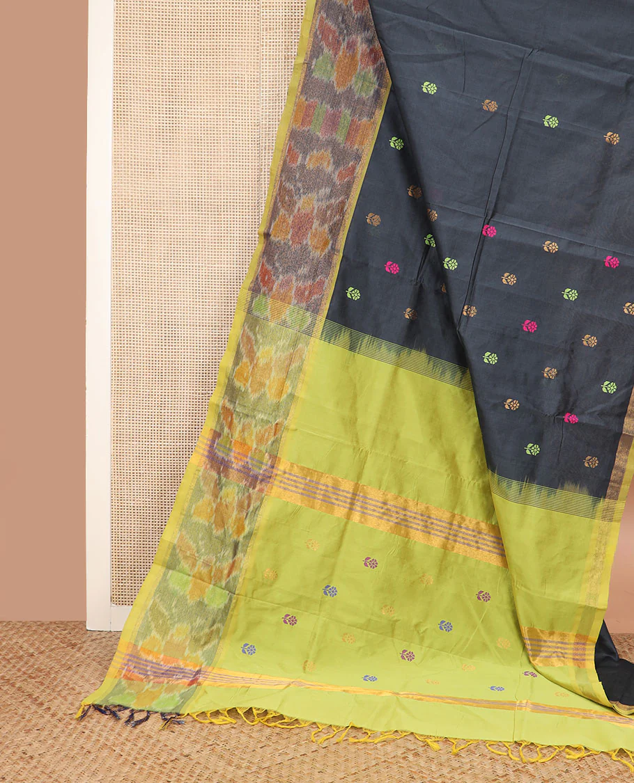 Black thread buttas poly cotton saree, contrast ikkat butterflies, and pallu of buttas and stripes - Image 2