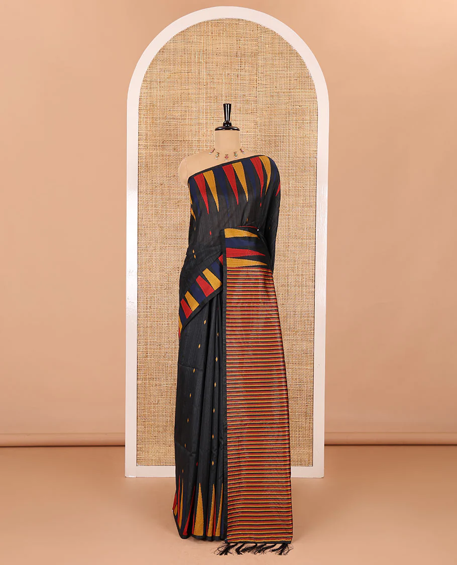Black thread buttas woven jute cotton saree, multi-color temple border, striped pallu, and a matching striped blouse - Image 2