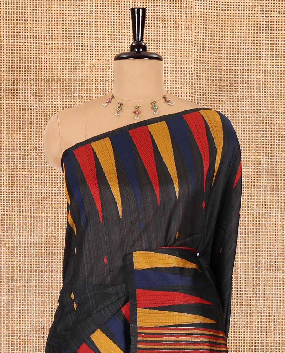 Black thread buttas woven jute cotton saree, multi-color temple border, striped pallu, and a matching striped blouse - Image 3