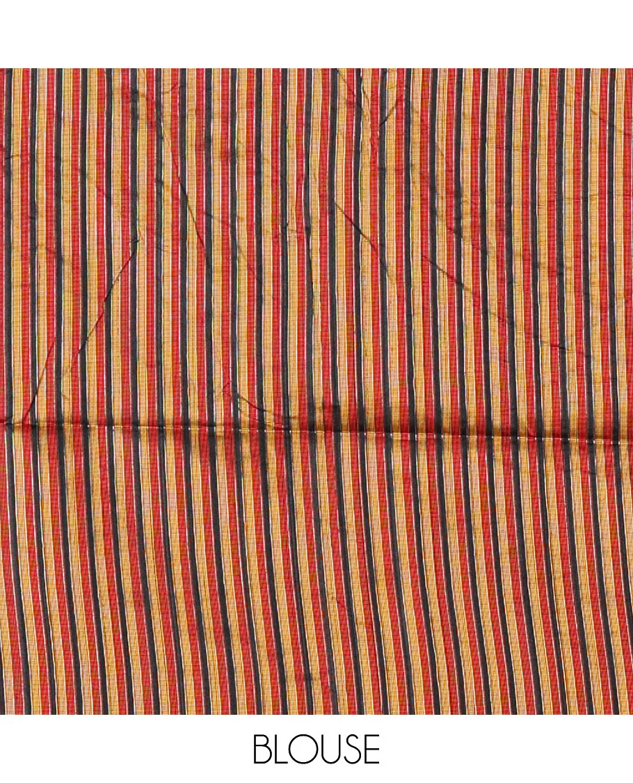 Black thread buttas woven jute cotton saree, multi-color temple border, striped pallu, and a matching striped blouse - Image 4