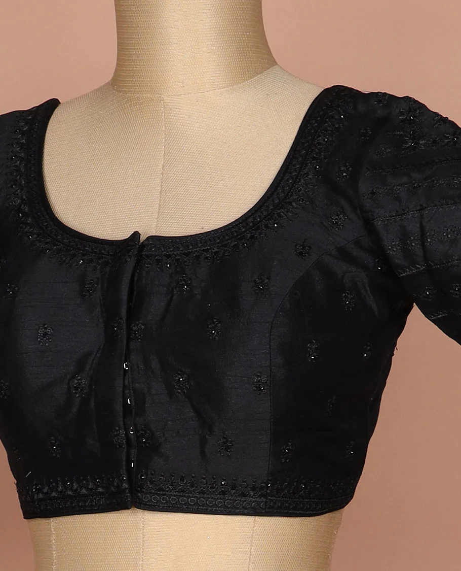 Black thread embroidered round neck elbow sleeve raw silk readymade blouse - Image 2