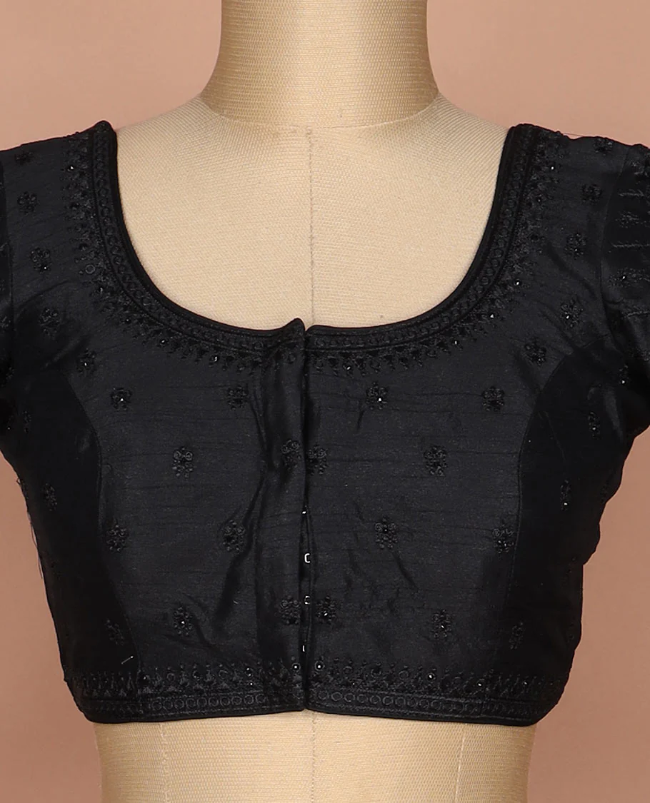 Black thread embroidered round neck elbow sleeve raw silk readymade blouse - Image 3