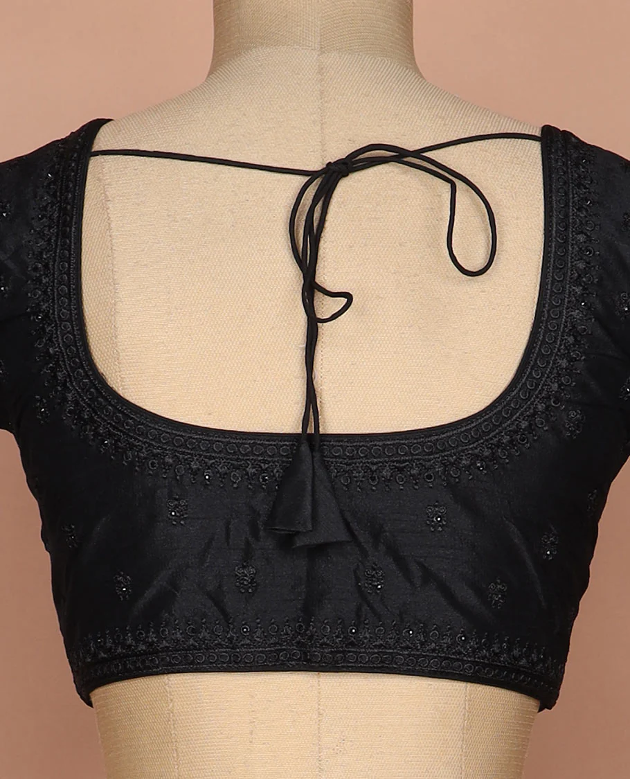 Black thread embroidered round neck elbow sleeve raw silk readymade blouse - Image 4