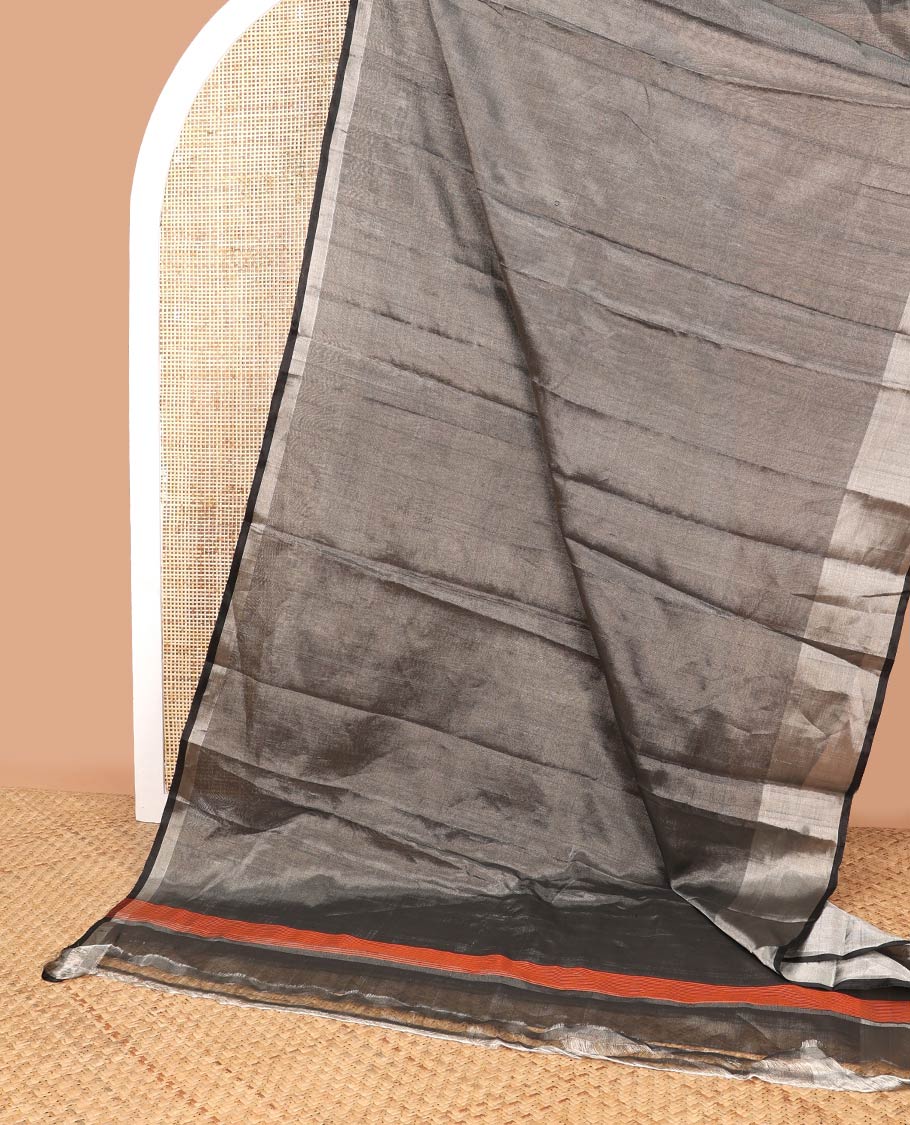 Black uppada saree with self zari border & striped pallu - Image 2