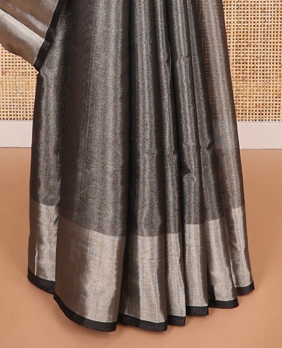 Black uppada saree with self zari border & striped pallu - Image 4