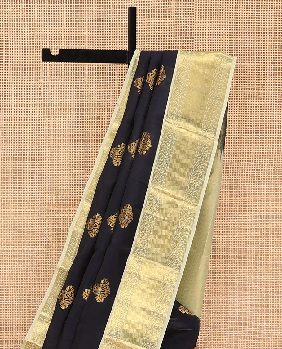 Black Vasundhara Lite Silk Mix Saree Gleamed Up with Floral Zari Buttas, Complemented by a Contrast Border of Salngai, Paisa, and Thilakam Designs, Zari Woven Pallu, and a Contrast Blouse - Image 3