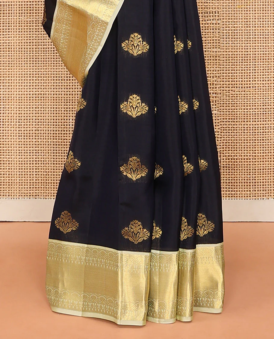 Black Vasundhara Lite Silk Mix Saree Gleamed Up with Floral Zari Buttas, Complemented by a Contrast Border of Salngai, Paisa, and Thilakam Designs, Zari Woven Pallu, and a Contrast Blouse - Image 4