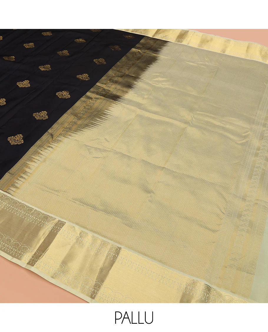 Black Vasundhara Lite Silk Mix Saree Gleamed Up with Floral Zari Buttas, Complemented by a Contrast Border of Salngai, Paisa, and Thilakam Designs, Zari Woven Pallu, and a Contrast Blouse - Image 5