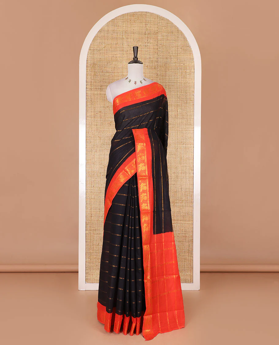 Black veldhari zari striped Sungudi cotton saree, contrast peacock zari motif border, zari striped pallu, and contrast zari design blouse - Image 2