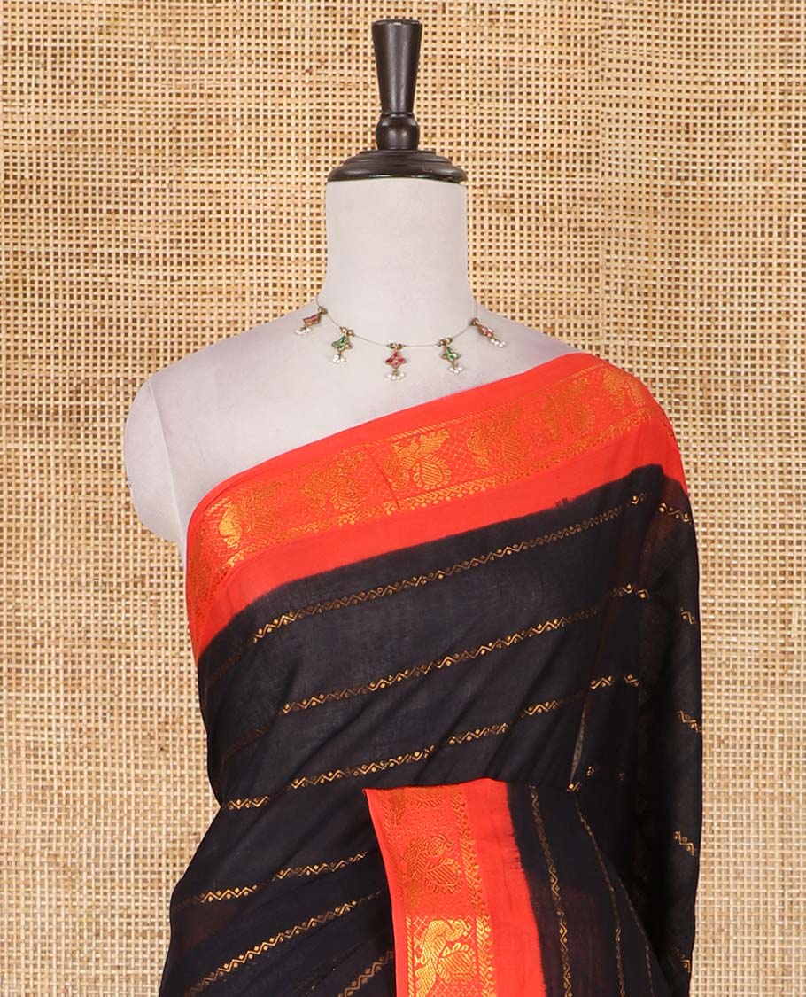 Black veldhari zari striped Sungudi cotton saree, contrast peacock zari motif border, zari striped pallu, and contrast zari design blouse - Image 3