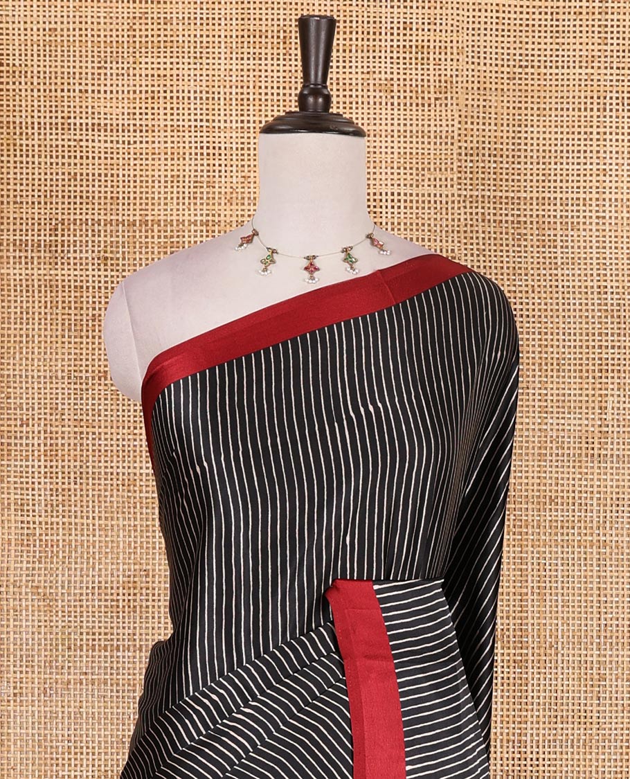 Black vertical striped gaji silk saree, contrast plain border, ajrakh printed pallu and contrast plain blouse - Image 3