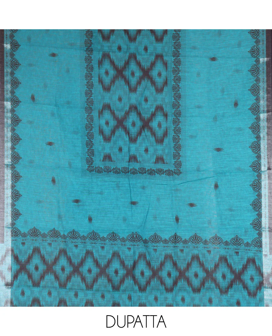 Black Vertican silk material chudidar set, vertical ikkat stripes, and kantha work top, contrast plain slub cotton bottom, and linen contrast ikkat printed zari border dupatta - Image 2