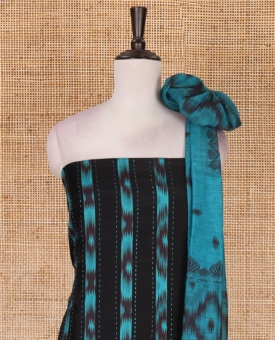 Black Vertican silk material chudidar set, vertical ikkat stripes, and kantha work top, contrast plain slub cotton bottom, and linen contrast ikkat printed zari border dupatta - Image 3