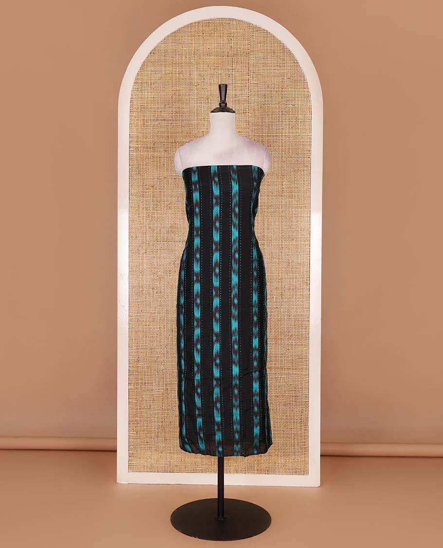 Black Vertican silk material chudidar set, vertical ikkat stripes, and kantha work top, contrast plain slub cotton bottom, and linen contrast ikkat printed zari border dupatta - Image 4