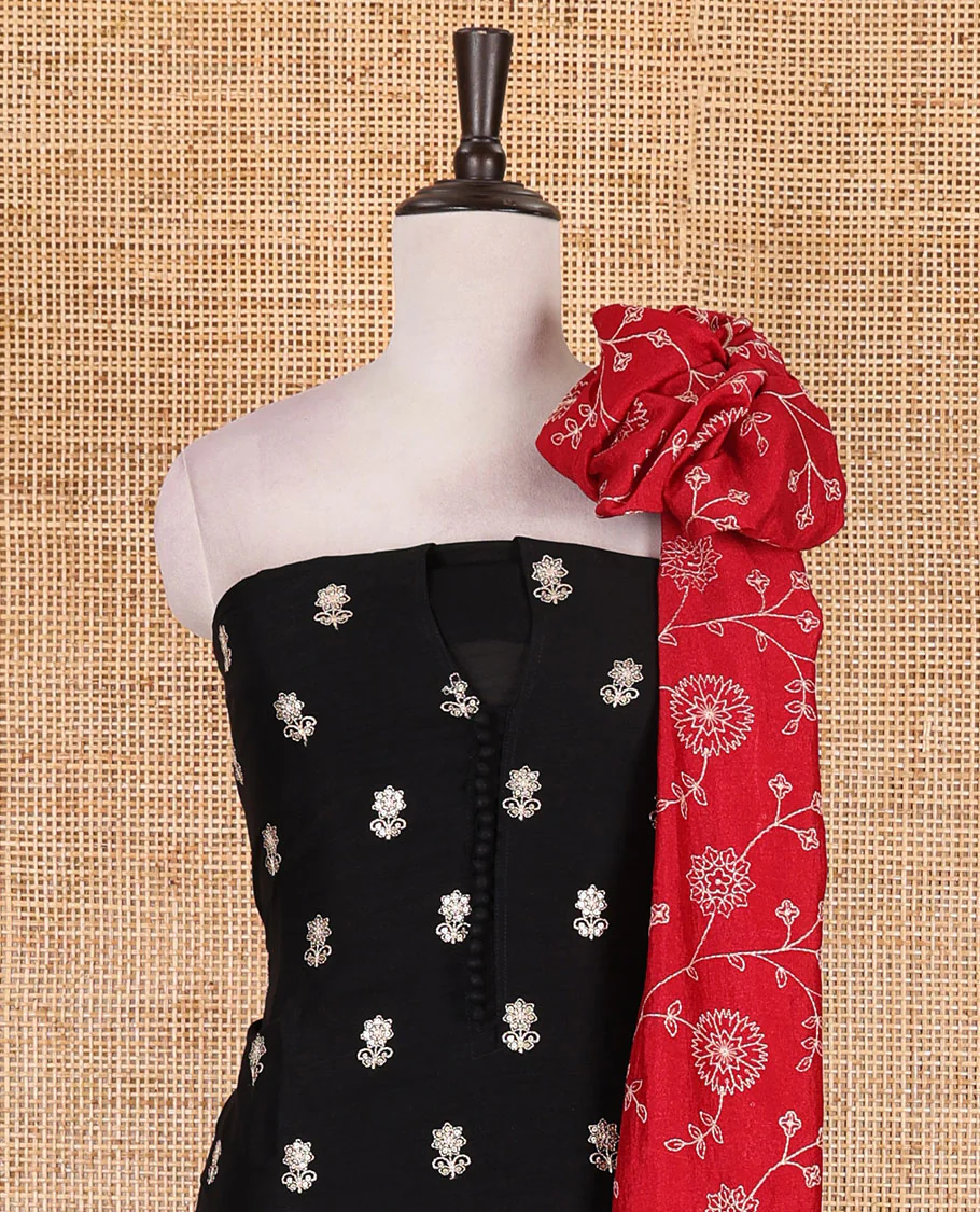 Black Vichitra silk material churidar set, floral motifs embroidered top, contrast Santoon bottom, and floral vine thread embroidered scallop dupatta - Image 3