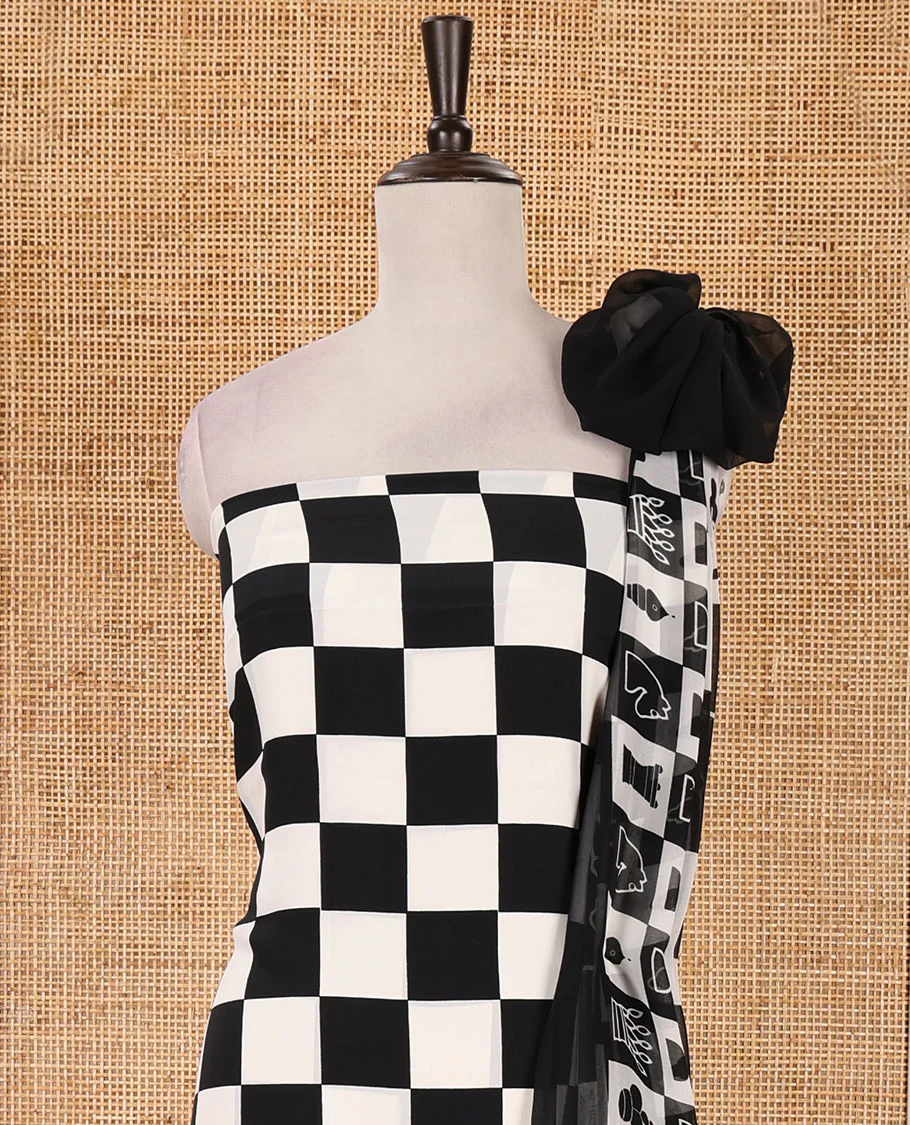 Black & white material chudidar set, chess-board & characters printed crepe top, plain santoon bottom & chess coins printed georgette dupatta - Image 3