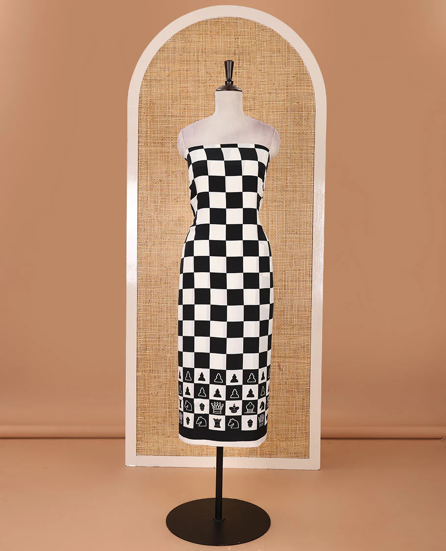 Black & white material chudidar set, chess-board & characters printed crepe top, plain santoon bottom & chess coins printed georgette dupatta - Image 4