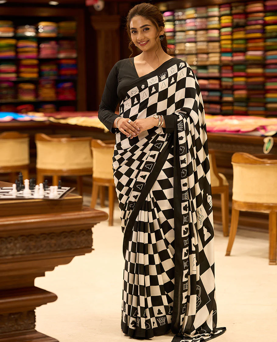 Black with white chess board mil printed crepe saree with self plain border