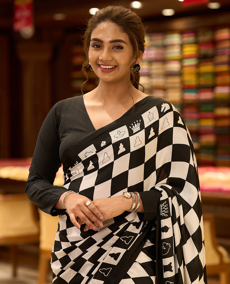 Black with white chess board mil printed crepe saree with self plain border - Image 2