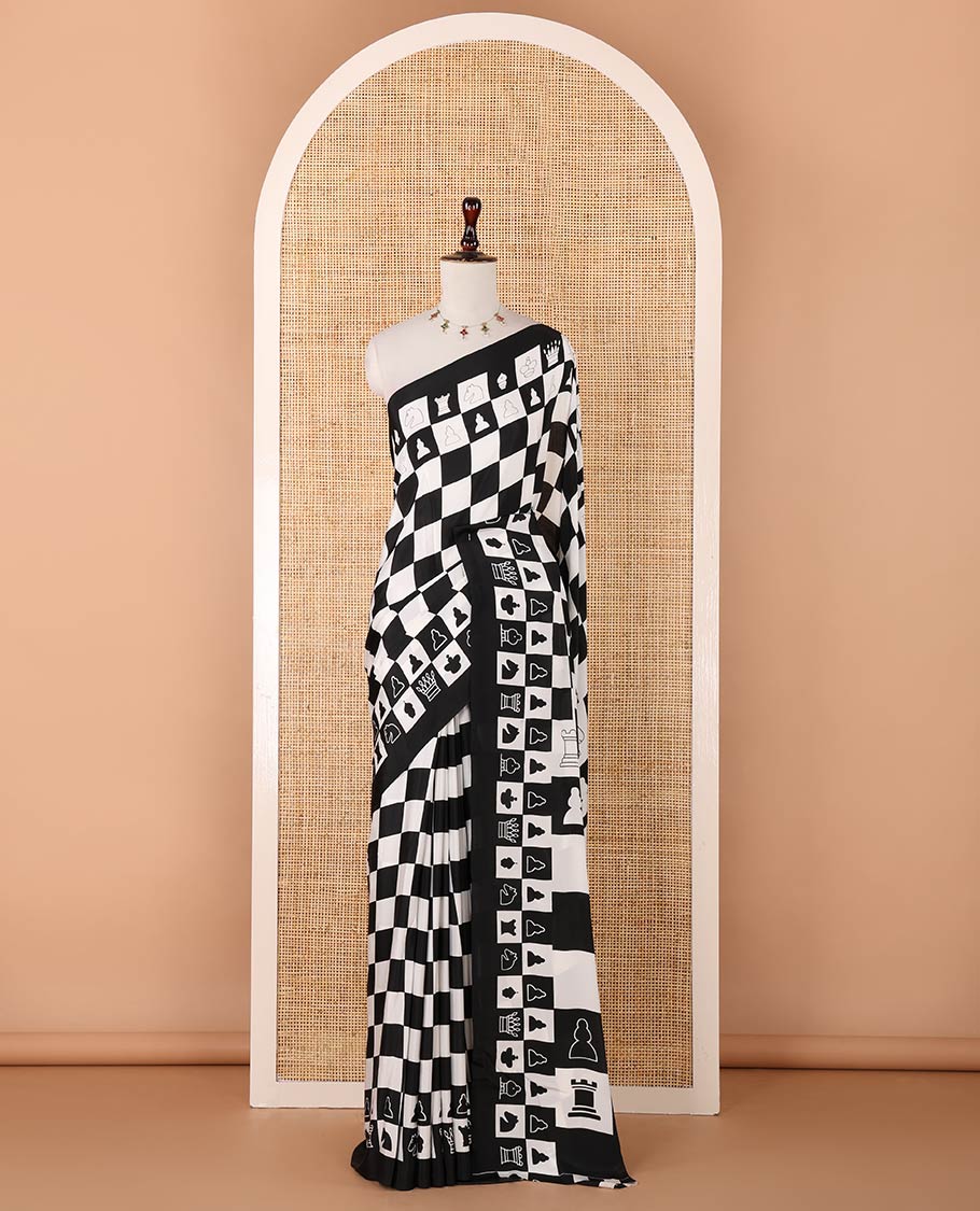 Black with white chess board mil printed crepe saree with self plain border - Image 3